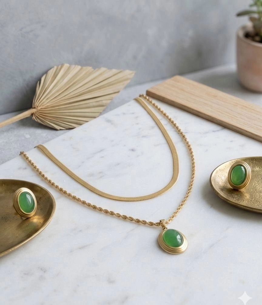 Jade Lagoon double layered necklace set with earrings